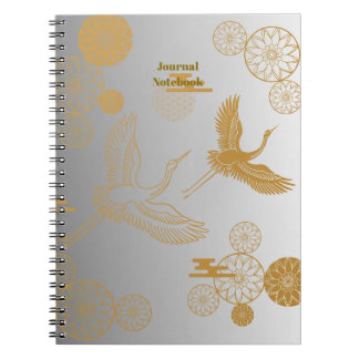 CARNET 縁起の良い金色の日本の鶴模様《白×シルバー》ジャーナル