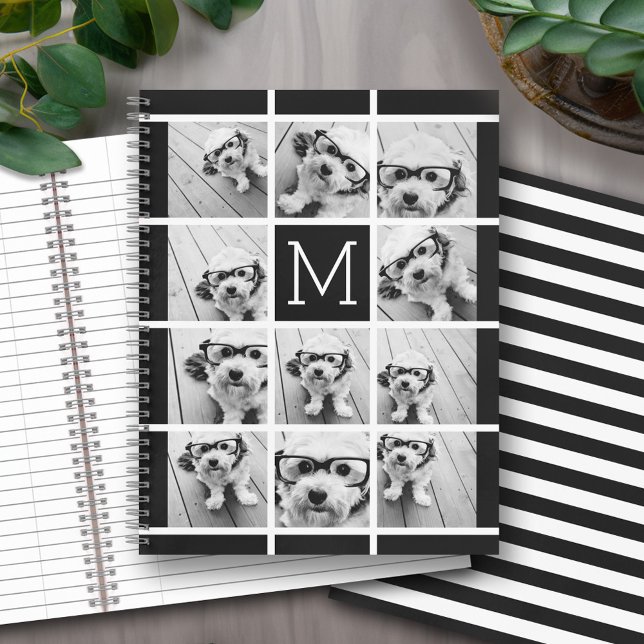Carnet 11 Photo Collage Monogramme CAN EDIT noir (Personalized notebook with an area for photos and text - option for different inside pages and coils)