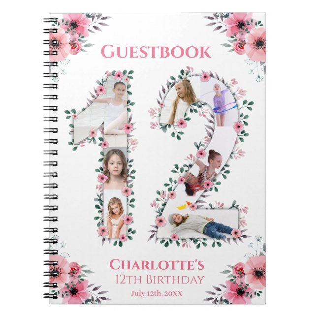 Carnet 12e anniversaire fille photo Collage rose Fleur bl (Devant)
