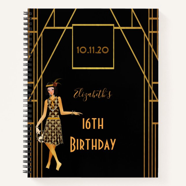 Carnet 16e anniversaire or noir 1920's art déco (Devant)