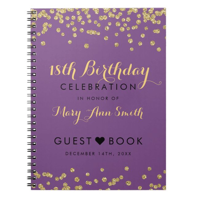 Carnet 18ème pourpre de confettis d'or d'anniversaire de (Devant)