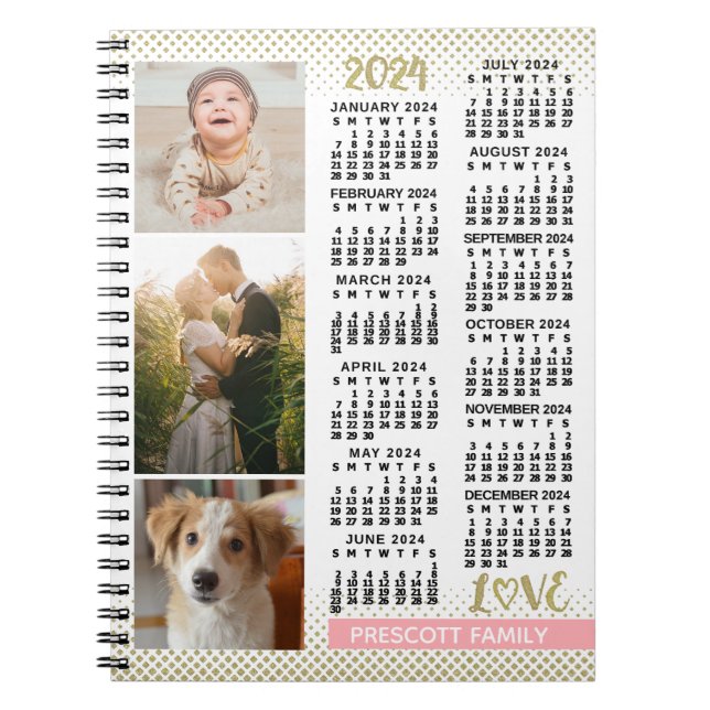 Carnet 2024 Calendrier Blush Pink Gold Family Photo Colla (Devant)