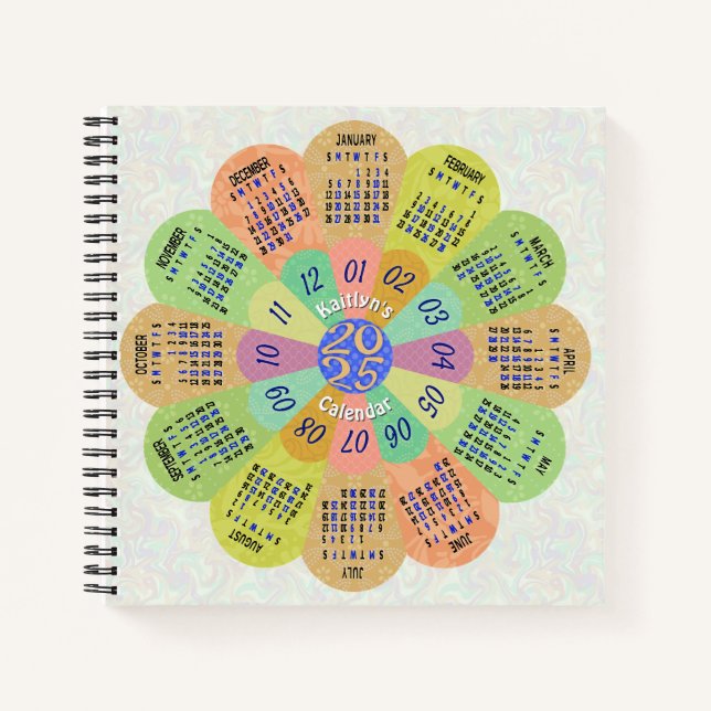 Carnet 2025 Calendrier Unique Boho Retro Flower avec nom (Devant)