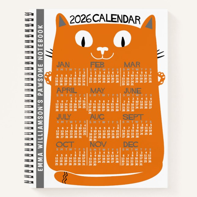 Carnet 2026 Year Monthly Calendar Mid-Century Orange Cat (Devant)