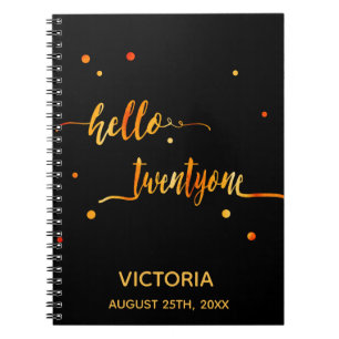 Carnet 21e anniversaire noir or hello 21 nom script