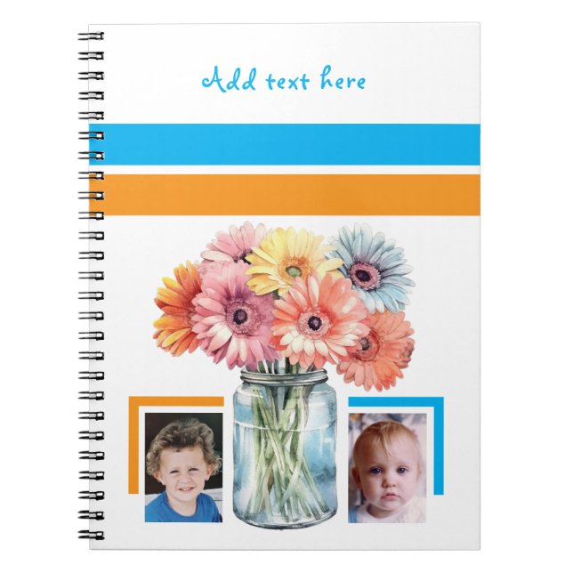 Carnet 2 fleurs de texte personnalisées bleu orange (Devant)