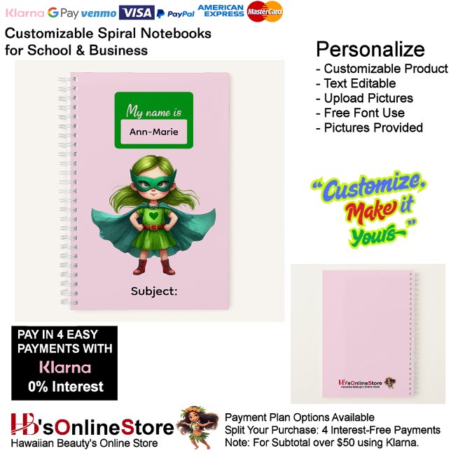 Carnet 34 Fournitures de papeterie pour enfants super-hér (34 Super Hero Kids Girl Writing Supplies Students Notebook.)