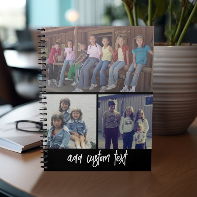 Carnet 3 Collage photo avec texte de script - noir blanc (Personalized notebook - add photos and custom text)