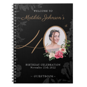 Carnet 40e anniversaire Black Gold Guestbook Floral Photo