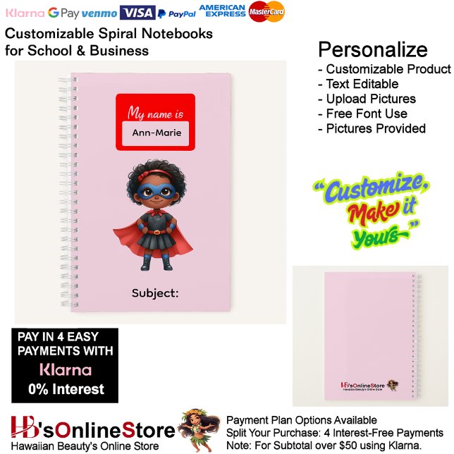 Carnet 4 Fournitures de rédaction pour filles enfants sup (4 Super Hero Kids Girl Writing Supplies Students Notebook.)