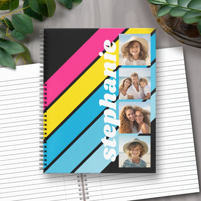 Carnet 4 Photo motif à rayures rétro cmyk nom du script (Custom notebook with personalized cover)
