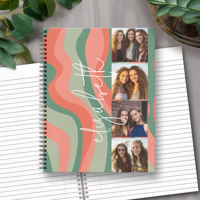Carnet 4 photos en collage - vagues rétro - nom énorme (Personalized Notebook with Custom Text and Photos)