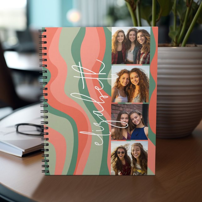 Carnet 4 photos en collage - vagues rétro - nom énorme (Personalized notebook with photos and text)