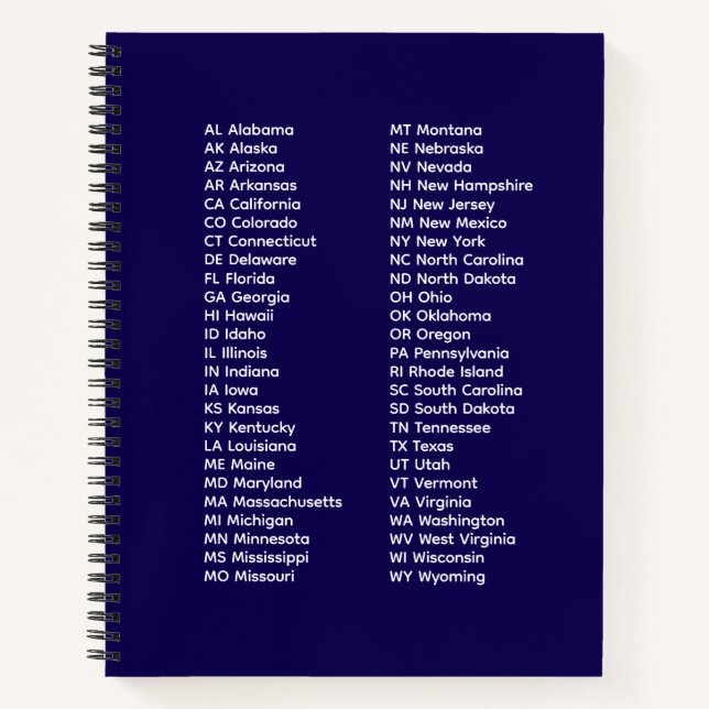 Carnet 50 States Abbreviations – Blue Spiral Notebook (Devant)