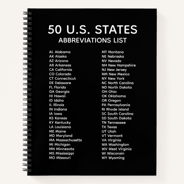Carnet 50 U.S. States Abbreviations List – Black Notebook (Devant)