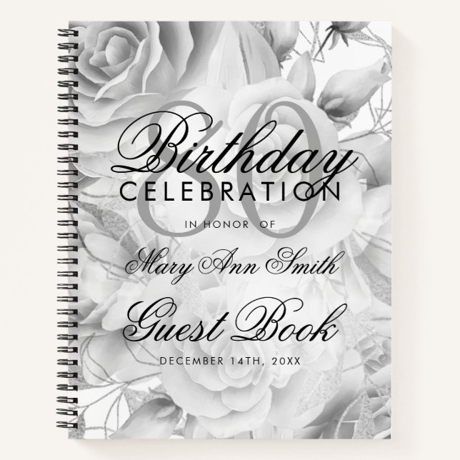 Carnet 80e anniversaire Guestbook Party Floral Silver Whi (Devant)