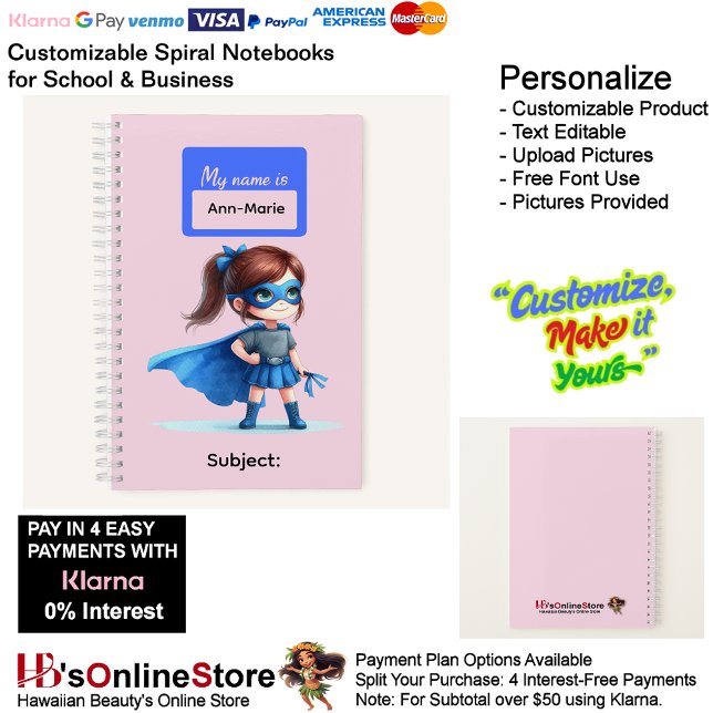 Carnet 8 Fournitures de papeterie pour filles super-héroï (8 Super Hero Kids Girl Writing Supplies Students Notebook.)