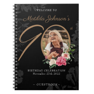 Carnet 90e anniversaire Guestbook Black Gold Floral Photo