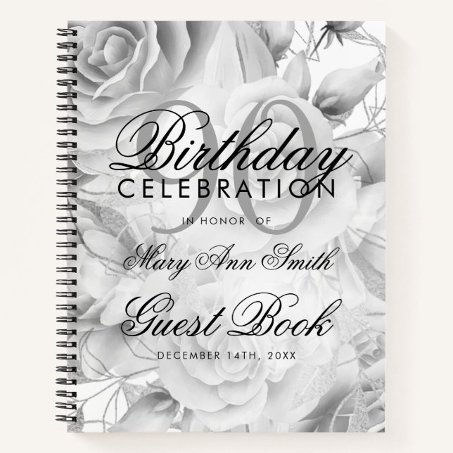 Carnet 90e anniversaire Guestbook Party Floral Silver Whi (Devant)