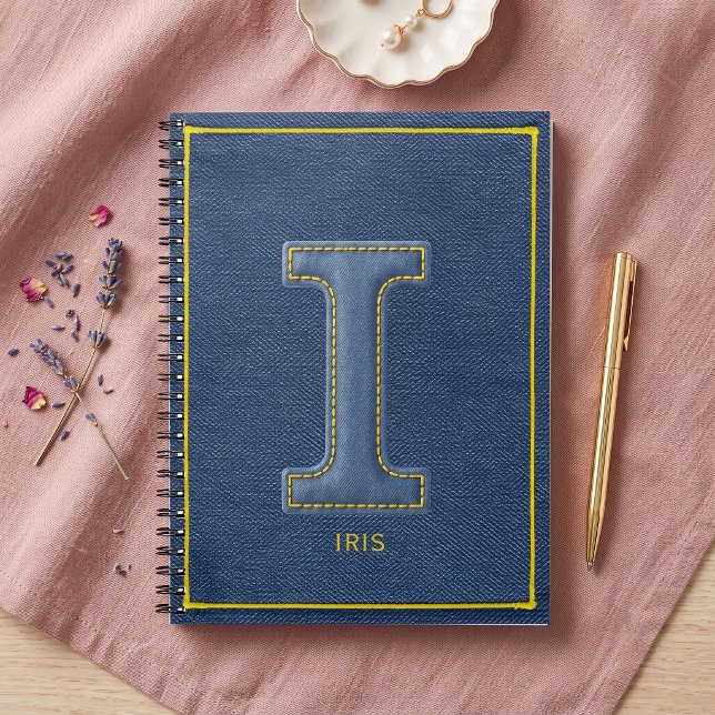 Carnet 90s Bleu Denim Jaune Broderie Monogramme Initiale  (Créateur téléchargé)