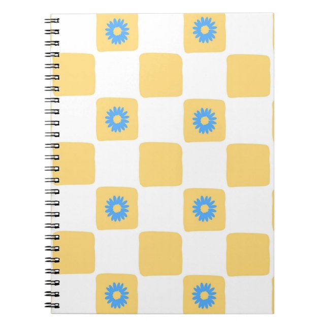 Carnet À damiers Jaune Blanc Avec Motif Fleur Bleu (Devant)