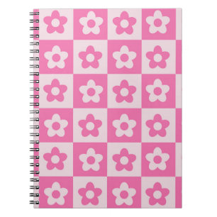 Carnet à damiers Motif Fleurs rétro roses et blanches cha