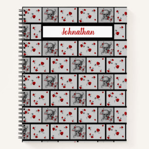 Carnet à motifs crâne noir et roses rouges