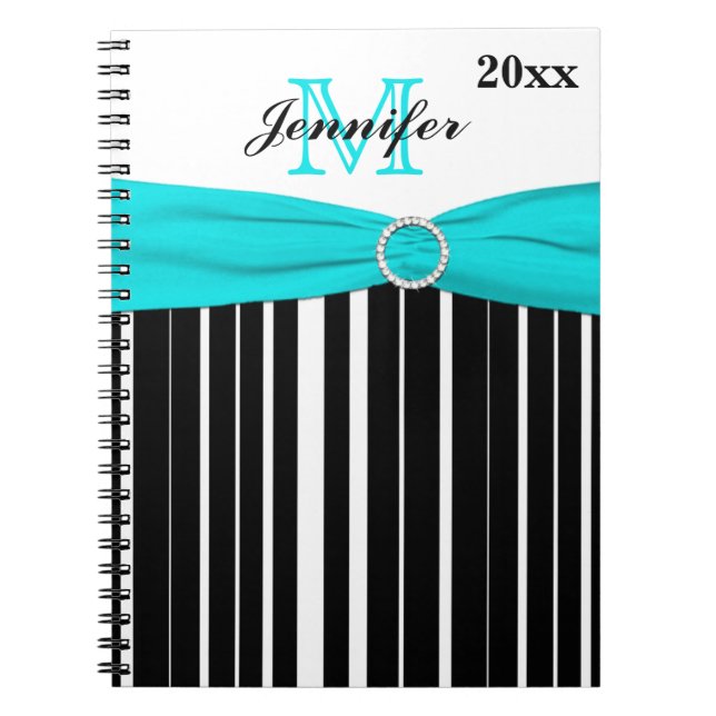 Carnet à rayures blanches d'Aqua noir personnalisé (Devant)