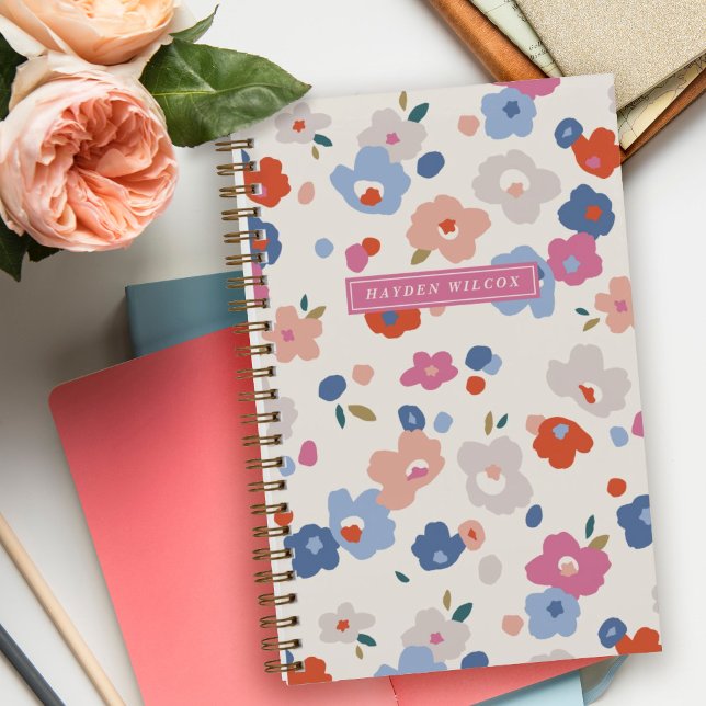Carnet à reliure spirale floral bleu rouge gris ro (Créateur téléchargé)