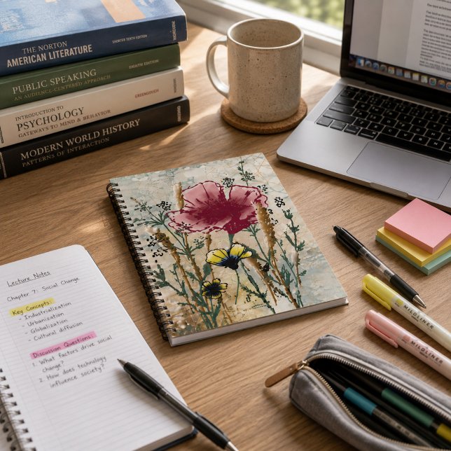 Carnet à spirale Fleur sauvage (Wildflower spiral notebook on a college study desk with books, laptop, and school supplies.)