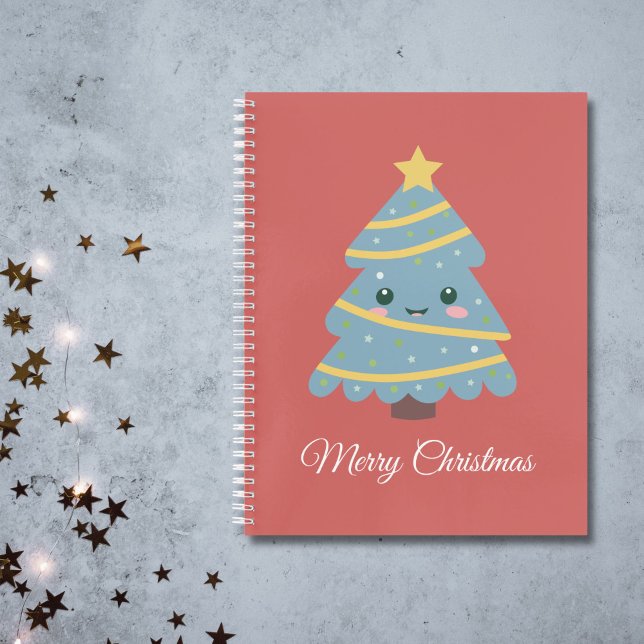 Carnet à spirale rouge avec arbre de Noël Kawaii (Red Spiral Notebook with a Kawaii Christmas Tree )
