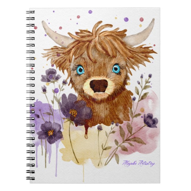 carnet à spirale vache highland aquarelle libre (Devant)