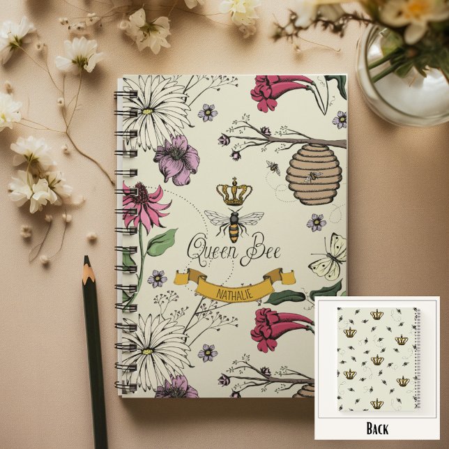 Carnet Abeille, Couronne & Défilement jaune, noir & or Qu (Chic Queen Bee Custom Notebook
Front: Personalized Name or Message
Back: Fun Queen Bee & Crown Print)