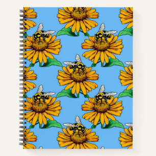 Carnet Abeille sur motif de fleur de tournesol bleu