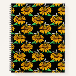 Carnet Abeille sur Tournesol Fleur Motif Design Noir