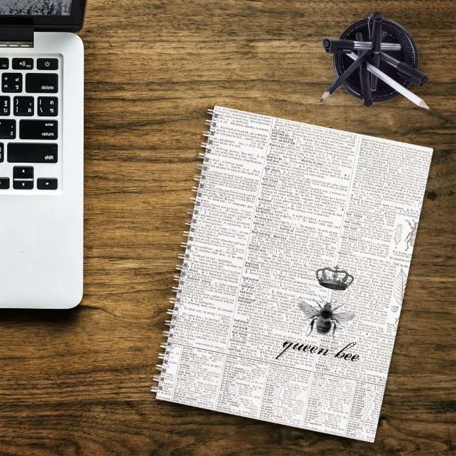 Carnet Abeille Vintage moderne noire et blanche 🐝 (Black and White Modern Vintage Queen Bee 🐝 Notebook)