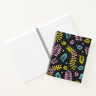 Carnet Abstract Ferns-yellow, pink and blue on dark gray