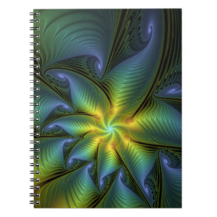 Carnet Abstract Star, Shiny Blue Green Golden Fractal Art