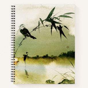 Carnet Abstrait japonais aquarelle paysage grue oiseau