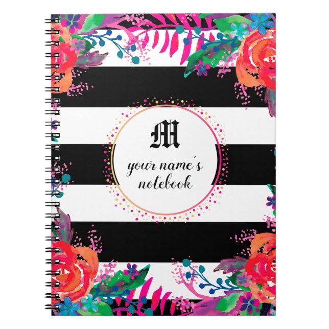 Carnet Abstraite aquarelle forêt florale noir rayé (Devant)