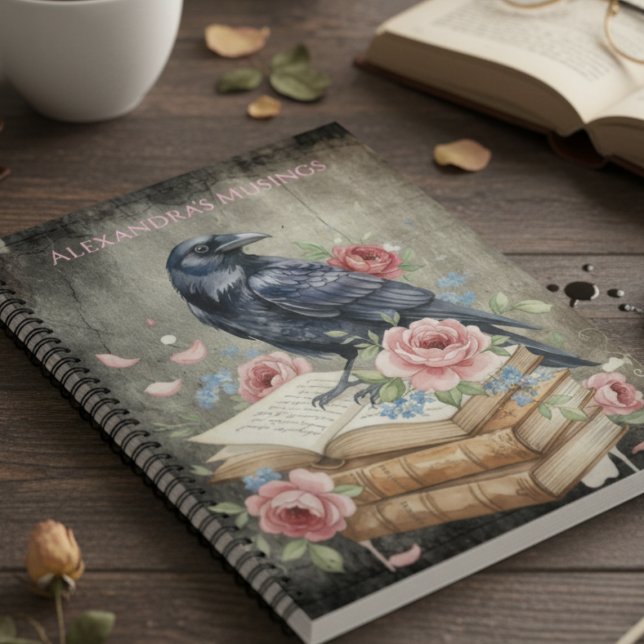 Carnet Academia Sombre Corbeau Spirale Florale Rose (Floral Gothic Raven personalized notebook)