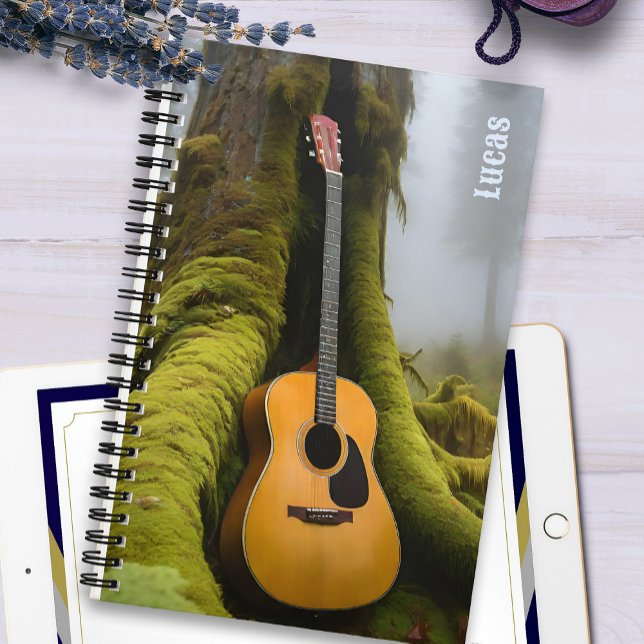 Carnet Acoustique Guitare Songwriter Foggy Forest Musique (Acoustic guitar in foggy forest, personalized spiral music journal notebook inspired by nature.)
