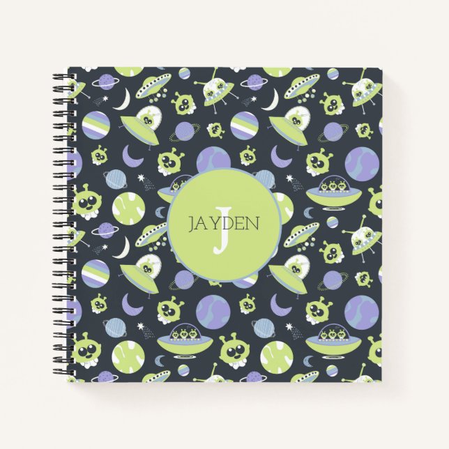 Carnet Adorable Green Aliens Space Ships UFO Kids (Devant)
