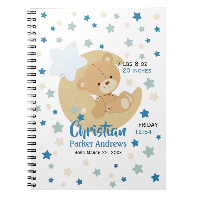 Carnet Adorable Teddy Bear Baby Boy Stats de naissance (Devant)