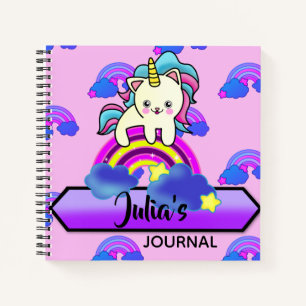 Carnet Adorable Unicorn Kitty Chat assis sur un arc-en-ci