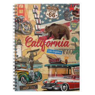 Carnet affiche de la Californie vintage avec attractions