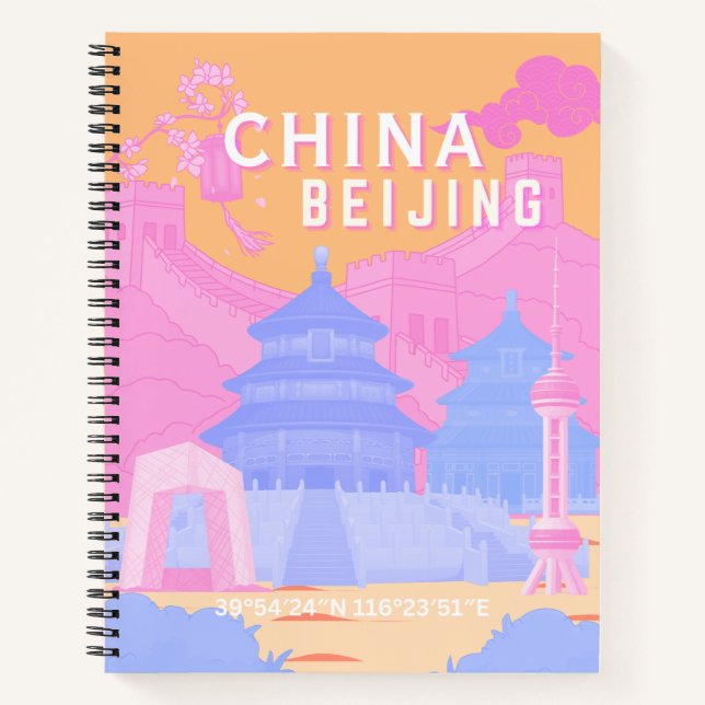 Carnet Affiche de voyage à Pékin Chine | Pastel rose et b (Devant)