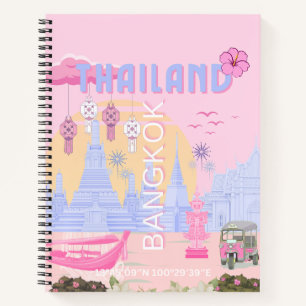 Carnet Affiche de voyage rose pastel bleu de Bangkok Thaï