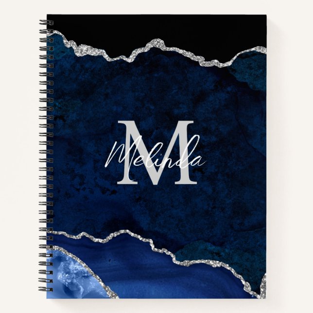 Carnet Agate de marbre bleu marine et argenté (Devant)