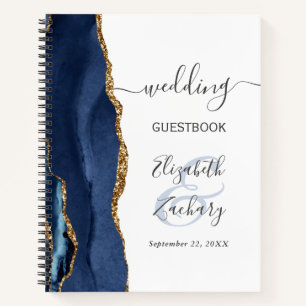 Carnet Agate Geode Script Marine Blue Gold Mariage invité
